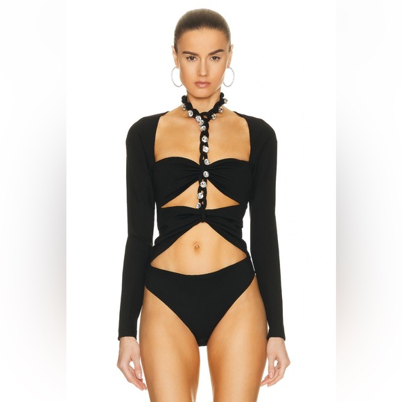 AREA Chain Link Long Sleeve Cut Out Black Bodysuit - Picture 2 of 7